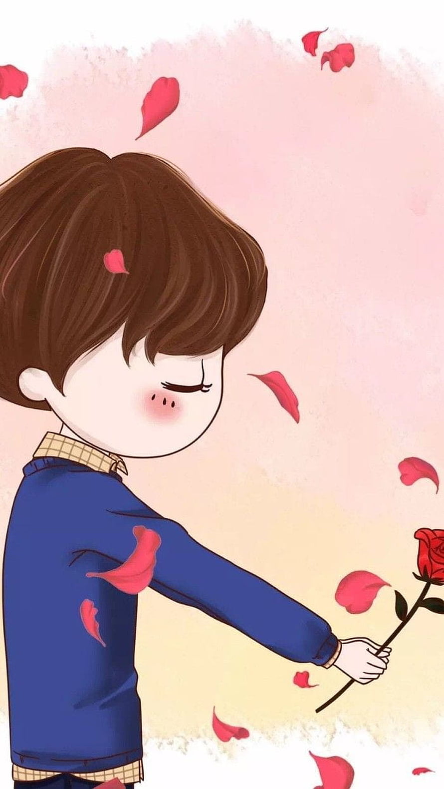 Cute cartoon boy holding a red rose with falling petals in a romantic style, Cartoon Couple on Dog, cute matching HD phone wallpaper