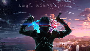 Sword Art Online Character Holding Dual Glowing Swords Against Sunset Sky HD wallpaper