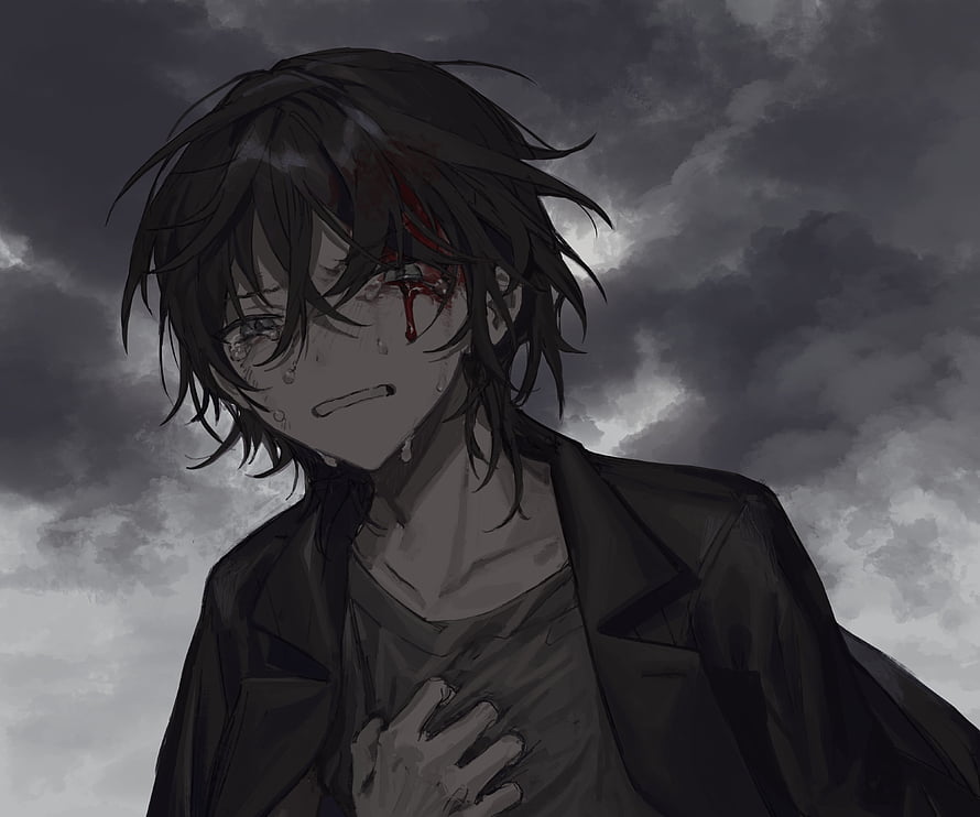 Sad Anime Boy With Blood On Face Crying Under Dark Stormy Clouds HD wallpaper