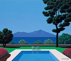 Hiroshi Nagai Serene Garden Pool With Ocean View And Distant Mountain HD wallpaper