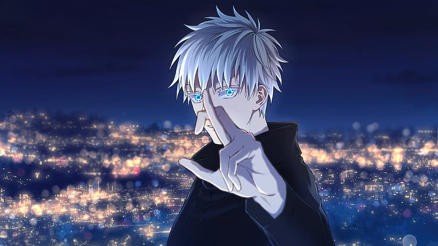 Satoru Gojo from Jujutsu Kaisen Making a Hand Sign Against a Night City Skyline HD wallpaper