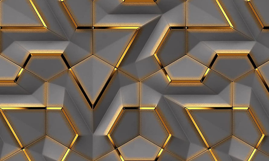 Luxurious 3D Geometric Pattern with Gold Accents on Grey Faceted Background HD wallpaper