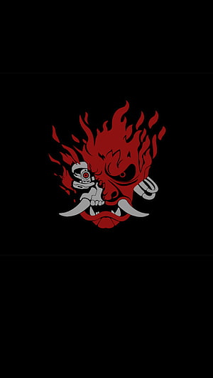 Red Hannya Mask With Cybernetic Eye And Flames On Black Background HD phone wallpaper