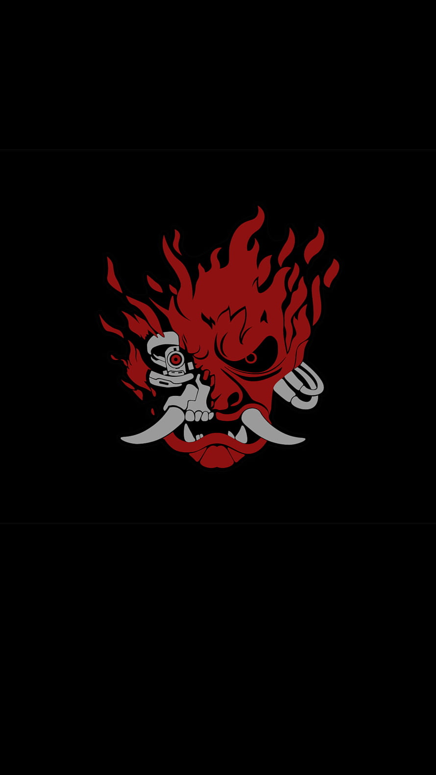 Red Hannya Mask With Cybernetic Eye And Flames On Black Background HD phone wallpaper
