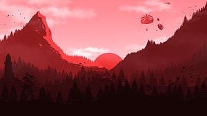 Red Anime Landscape With Silhouetted Mountains, Pine Forest, and Parachutes at Sunset HD wallpaper
