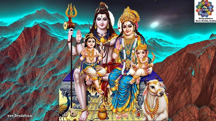 Lord Shiva and Goddess Parvati with Ganesha and Kartikeya in Himalayan Landscape HD wallpaper