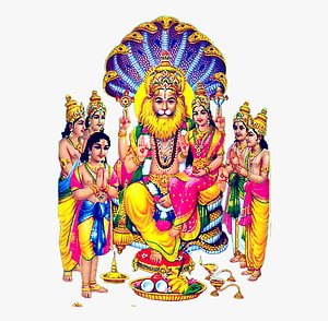 Lord Narasimha with Devotees and Serpent Canopy Hindu Mythology Art HD wallpaper