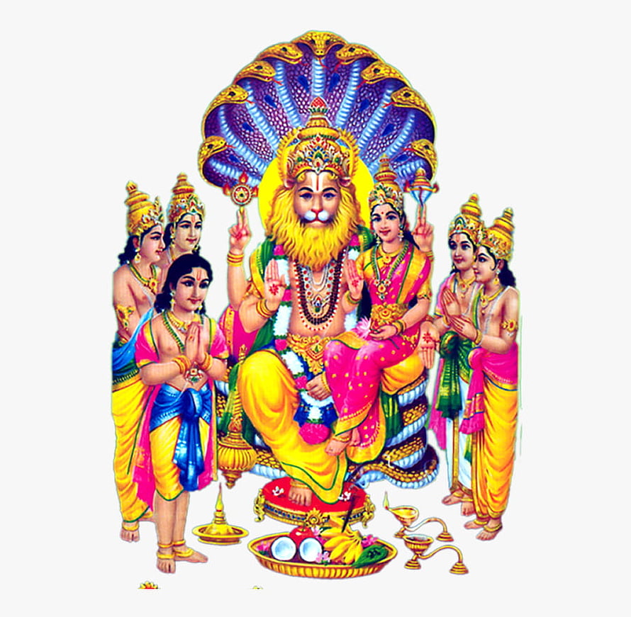 Lord Narasimha with Devotees and Serpent Canopy Hindu Mythology Art HD wallpaper