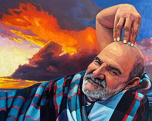 Portrait of a smiling bald man with a grey beard resting his head on his hand against a dramatic sunset sky, Inspiration, neem karoli baba HD wallpaper