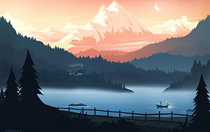 Serene Mountain Lake Sunset with Cabin and Fisherman, Minimal Scenery, mountain minimalist HD wallpaper
