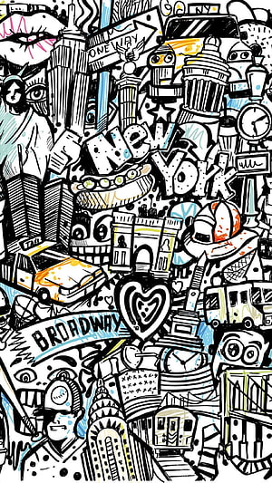 New York City Doodle Art Illustration Featuring Broadway, Statue of Liberty, and Urban Landmarks HD phone wallpaper