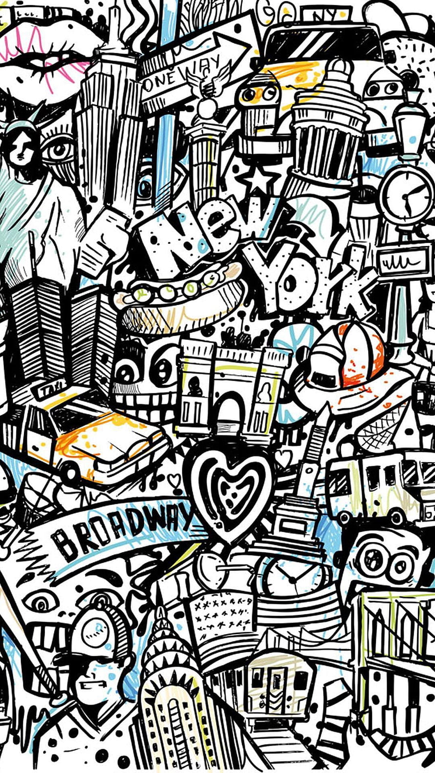 New York City Doodle Art Illustration Featuring Broadway, Statue of Liberty, and Urban Landmarks HD phone wallpaper