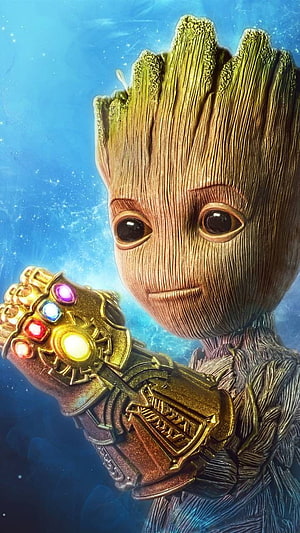 Baby Groot Wearing Infinity Gauntlet Against Cosmic Blue Background HD phone wallpaper