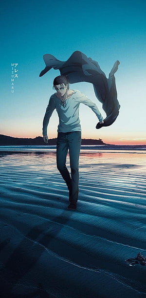 Mizumaru anime character walking on a wet beach at sunset with a flowing dark coat HD phone wallpaper