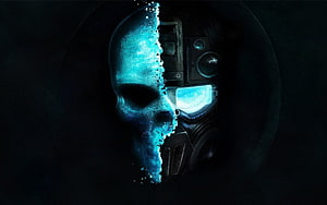 Cyberpunk Skull and Robot Head Split Design with Neon Blue Glow HD wallpaper