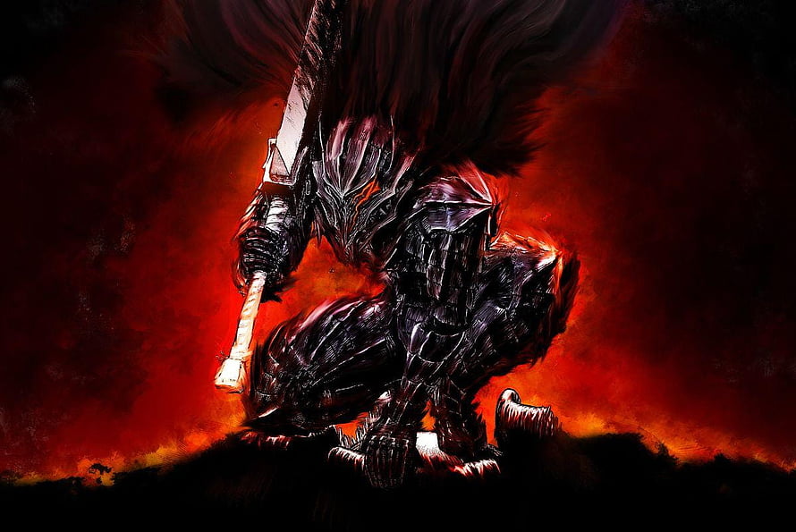 Dark Fantasy Berserker Armor Warrior Crouching With Greatsword in Fiery Red Inferno HD wallpaper