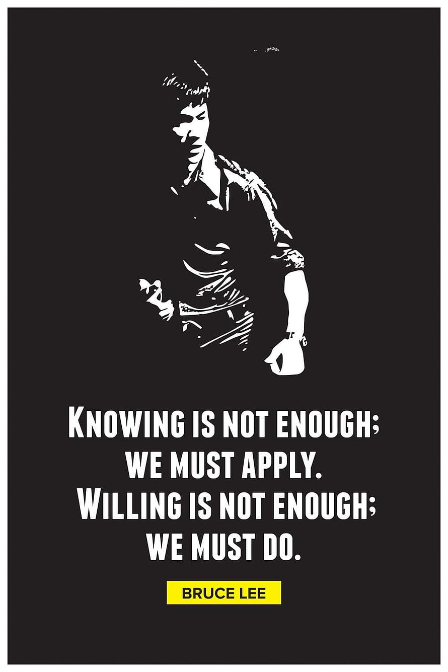 Bruce Lee High Contrast Silhouette with Motivational Action Quote on Black Background HD phone wallpaper