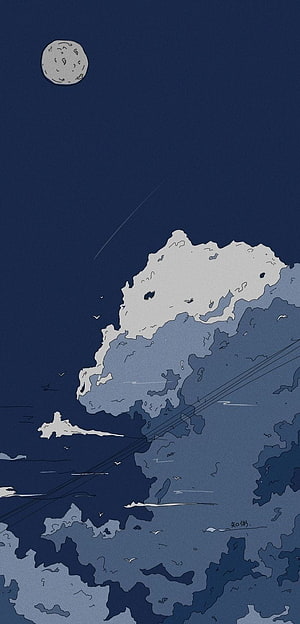 Moodyfae Minimalist Night Sky Illustration with Moon and Layered Clouds HD phone wallpaper