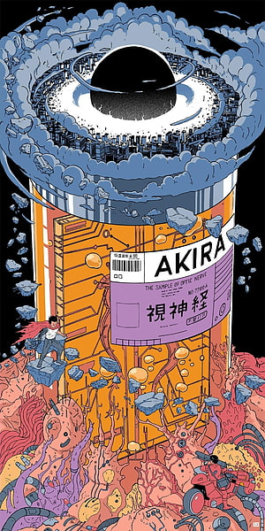 Akira Sci-Fi Poster Art Featuring Giant Cylinder, Floating City, and Cosmic Destruction HD phone wallpaper