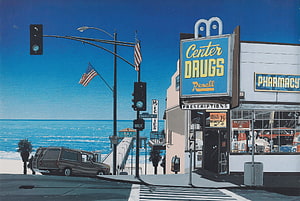 Hiroshi Nagai Coastal Street Scene with Center Drugs Store and Ocean View HD wallpaper