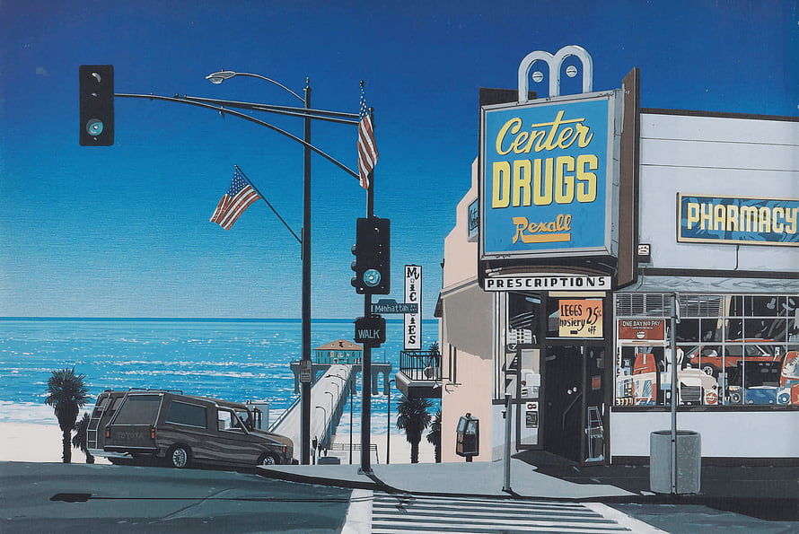 Hiroshi Nagai Coastal Street Scene with Center Drugs Store and Ocean View HD wallpaper