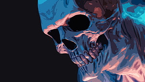 Stylized Skull Illustration in Blue and Pink Tones on Dark Background HD wallpaper
