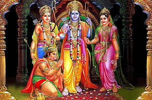 Lord Rama with Sita and Lakshmana in Traditional Indian Temple Art HD wallpaper