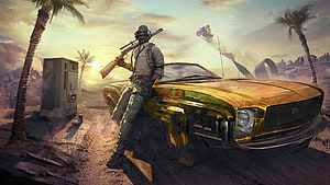 Mad Max Wasteland Warrior Leaning on Golden Muscle Car with Shotgun HD wallpaper