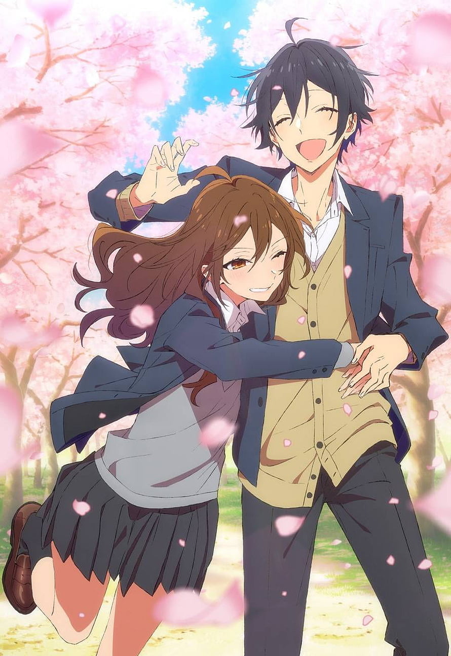 Horimiya anime couple embracing under blooming cherry blossom trees in spring HD phone wallpaper