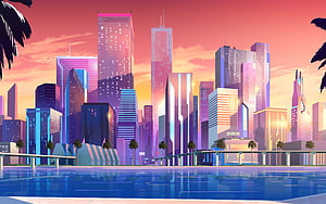 Vibrant Sunset Cityscape with Palm Trees and Water Reflections in Digital Art Style HD wallpaper