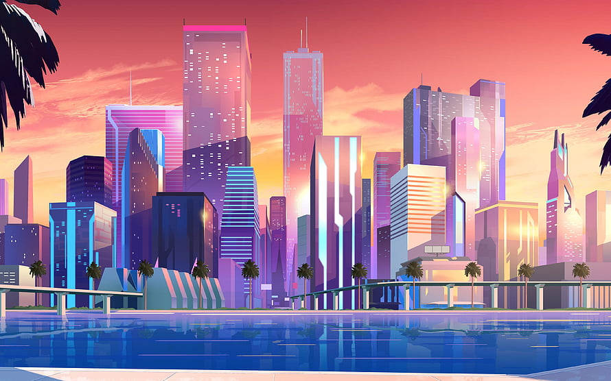 Vibrant Sunset Cityscape with Palm Trees and Water Reflections in Digital Art Style HD wallpaper