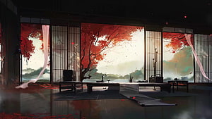 Traditional Japanese Interior With Autumn Maple Trees And Shoji Screens HD wallpaper