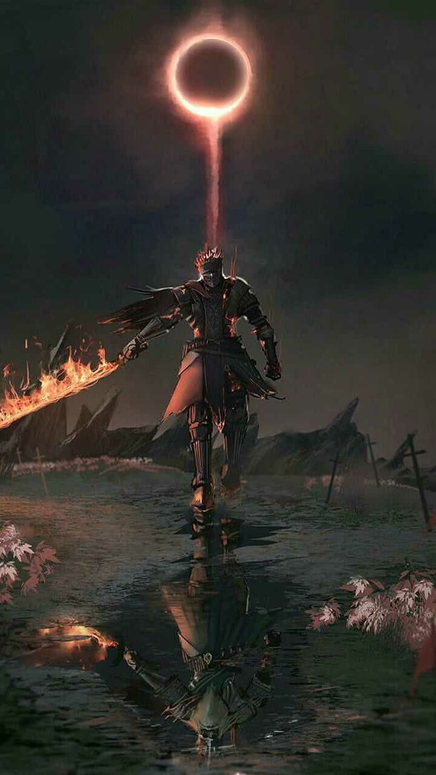 Dark Souls 3 Knight Warrior Walking Through Fire and Eclipse HD phone wallpaper