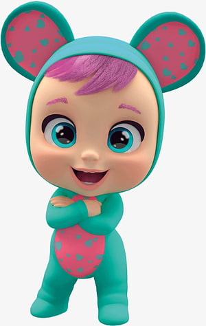 Cute 3D animated baby character in teal and pink heart-patterned costume with large ears HD phone wallpaper