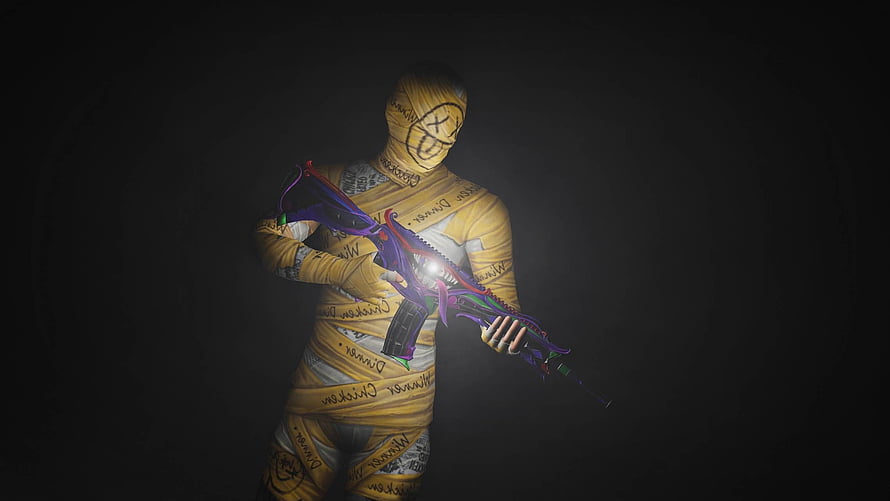 Counter-Strike 2 Player Character Wrapped in Yellow Bandages Holding Neon AK-47 HD wallpaper