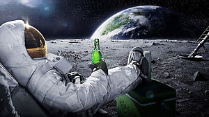 Astronaut Relaxing on the Moon with a Green Beer Bottle and Earth in the Background HD wallpaper