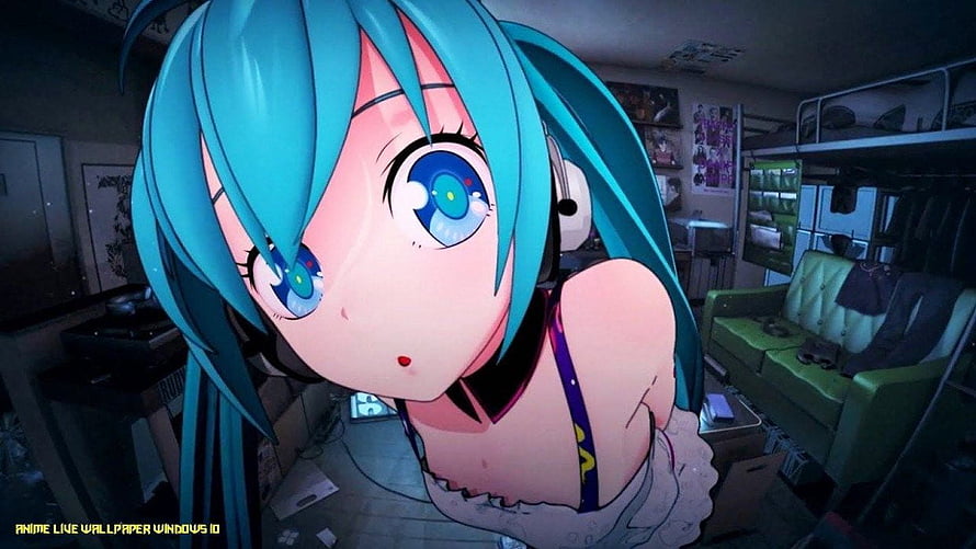 Hatsune Miku Anime Girl Leaning Forward in Messy Bedroom with Green Sofa HD wallpaper