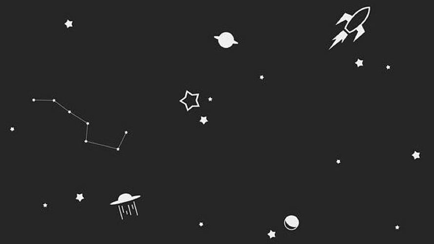 Minimalist Space Icons on Dark Background with Rocket, Planet, and Constellation HD wallpaper