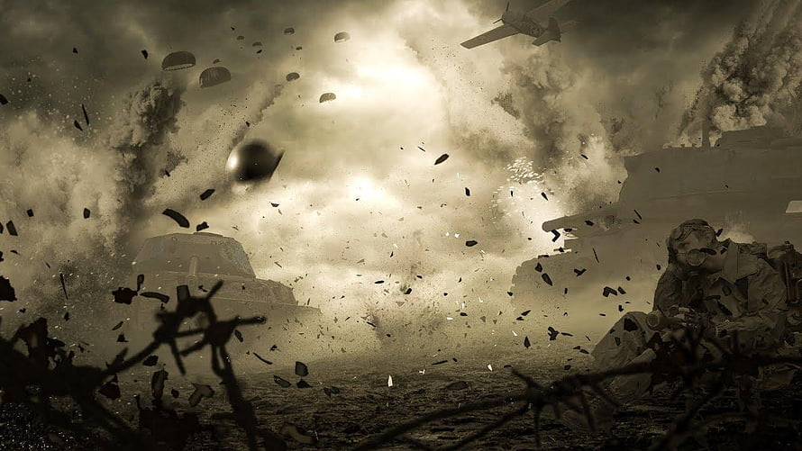 Intense Battlefield Explosion with Soldier, Tank, and Paratroopers in Dusty Combat Zone HD wallpaper