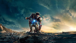 Iron Man 3 Tony Stark in Damaged Armor Crouching on Rocky Shore at Sunset, Iron Man 3 Tony Stark U, iron man HD wallpaper