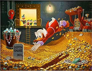 Scrooge McDuck Diving Into A Mountain Of Gold Coins With The Nephews Watching From A Window HD wallpaper