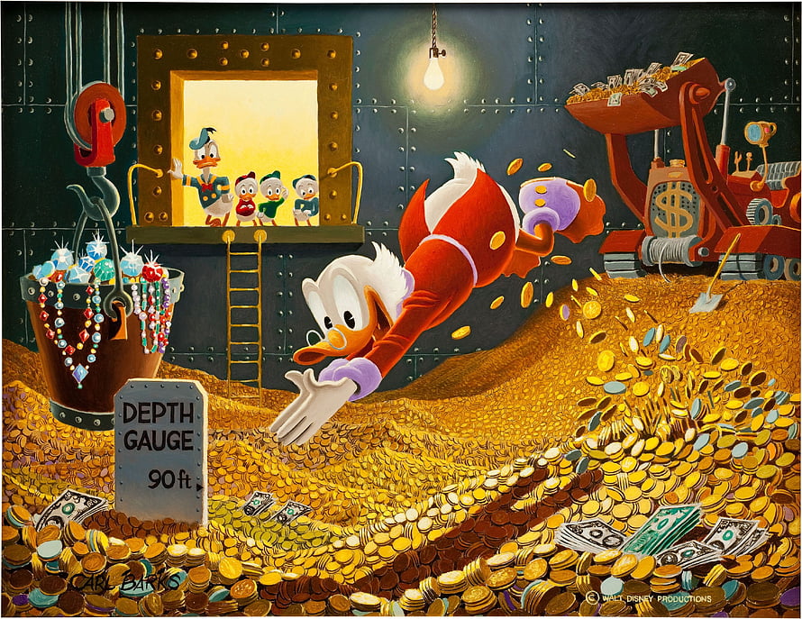 Scrooge McDuck Diving Into A Mountain Of Gold Coins With The Nephews Watching From A Window HD wallpaper