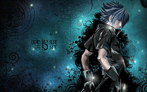 Dark Anime Male Character with Spiky Hair and Red Eyes in Moody Blue Setting HD wallpaper