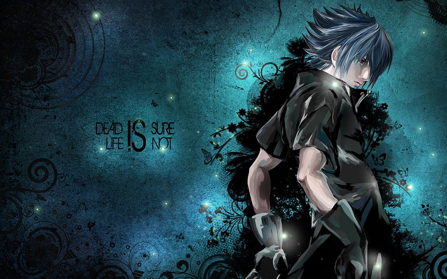Dark Anime Male Character with Spiky Hair and Red Eyes in Moody Blue Setting HD wallpaper