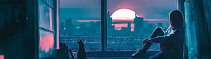 Girl and Cat Watching Sunset Over City Skyline From Window HD wallpaper