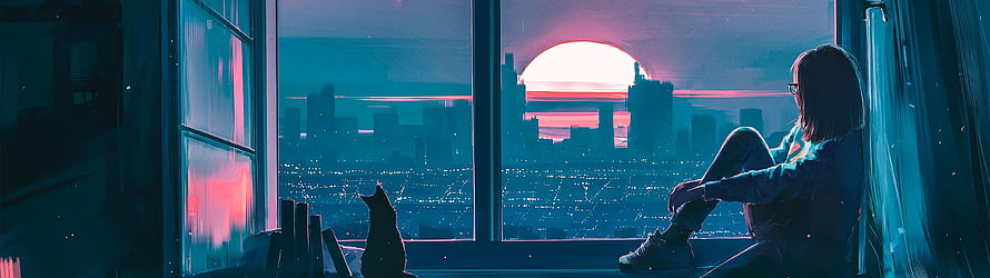 Girl and Cat Watching Sunset Over City Skyline From Window HD wallpaper