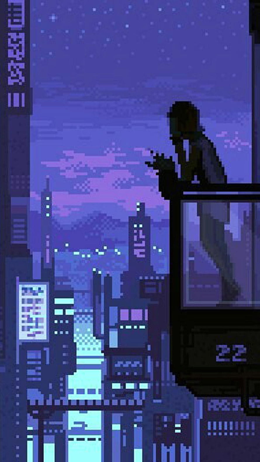 Pixel Art Cyberpunk Cityscape with Silhouette on Rooftop at Night HD phone wallpaper