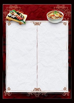 Elegant Japanese Cuisine Menu Template with Sushi and Ramen on Red Background HD phone wallpaper