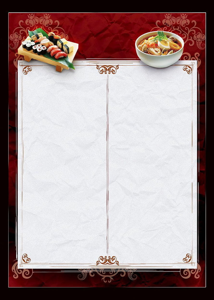Elegant Japanese Cuisine Menu Template with Sushi and Ramen on Red Background HD phone wallpaper