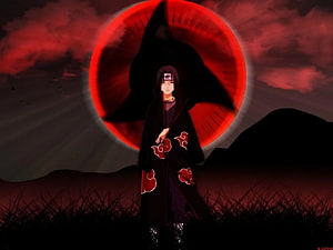 Uchiha Itachi in Akatsuki Cloak with Sharingan Eye and Dark Red Sky HD wallpaper